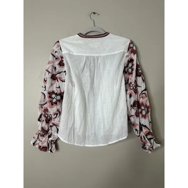 Anthropologie Simona Top‎ Womens XS White Pink Embroidered Floral Puffy Sleeve - Image 8