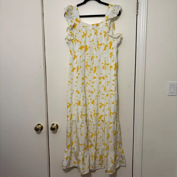 Marie Oliver‎ Yellow White Abstract 100% Silk Tiered Ruffle Maxi Dress Womens M - Image 5
