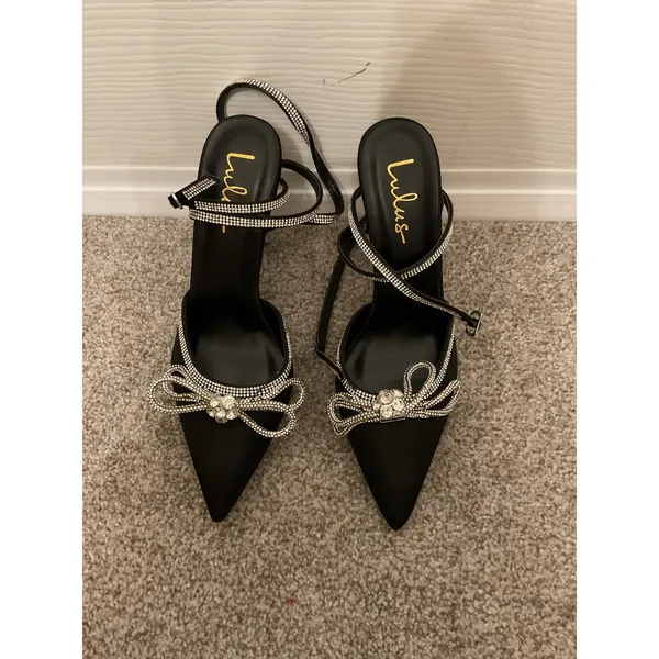 NWOT Lulus Lullie Black Rhinestone Bow Ankle Wrap Stiletto Heels Pumps Glam, 8 - Image 4