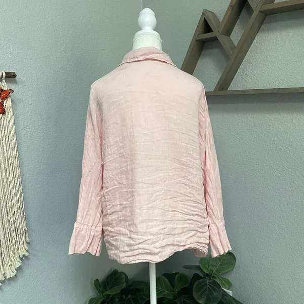 Zara Pink Button Down Shirt Collared Long Sleeve Front Slit Hem 100% Linen - Image 4