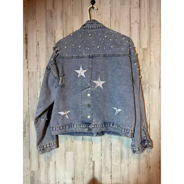 Womens‎ Denim Distressed Jacket Casual star Embellished XL - Image 2