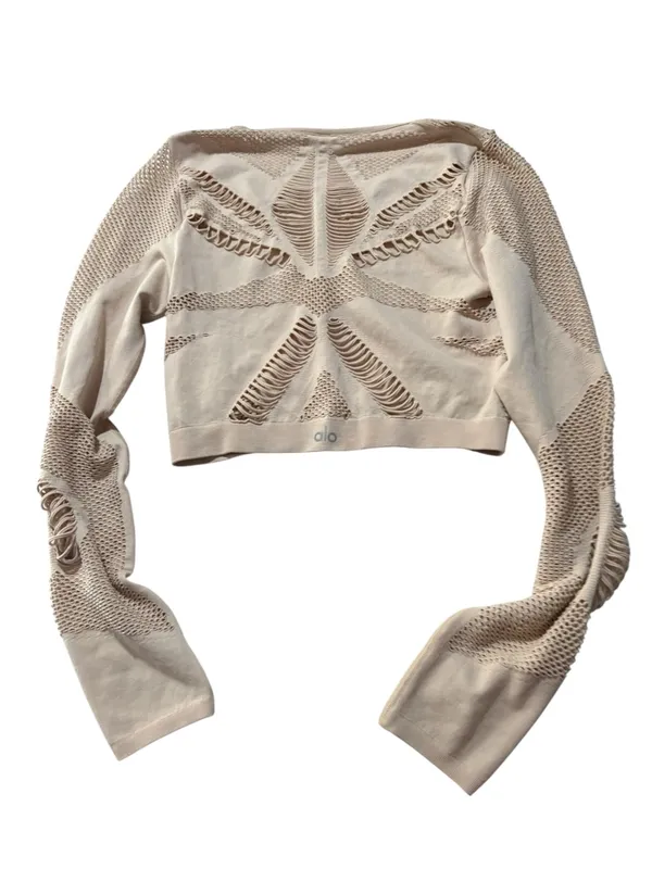 Alo yoga size large pink Cropped Open-Knit Long Sleeve Top in Light Blush - Image 10