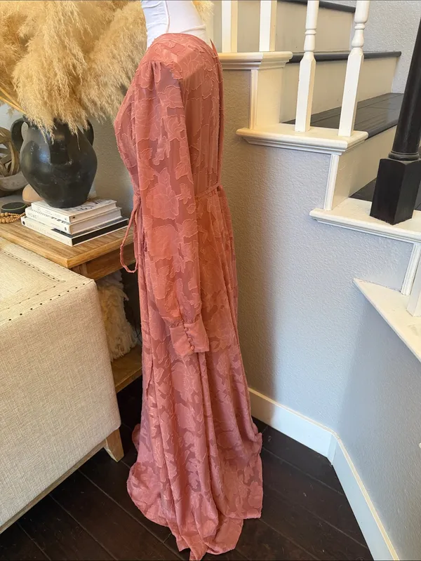 Lulus Kept Your Love Rose Pink Floral Jacquard Long Sleeve Maxi Dress Size XL - Image 6