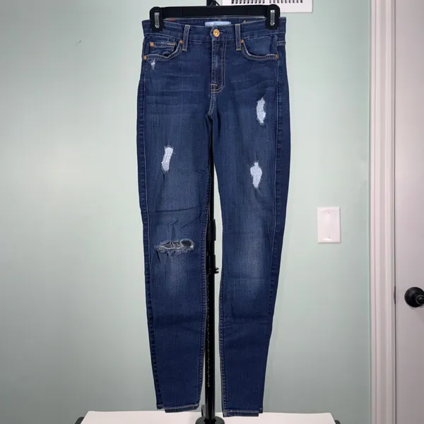 7 For All Mankind Dark Blue Distressed Skinny Jeans size 24 - Image 2