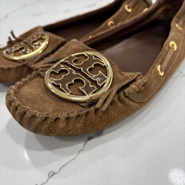 Tory Burch Shoes Womens Size 9 Alexandra Suede Moccasins Cognac Brown Leather - Image 4