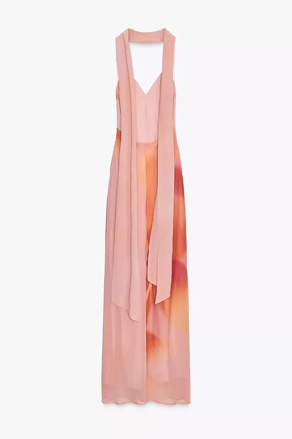 Zara Elegant Pink and Orange Maxi Dress scarf evening party wedding - Image 11