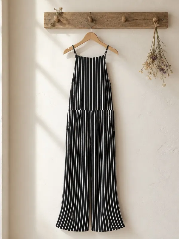 Moa Moa Black & White Vertical-Stripe Wide-Leg Jumpsuit - Image 3