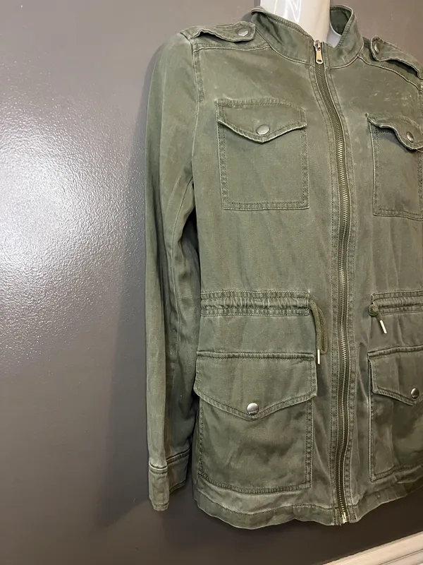 Express Jacket Womens XS Green Army Utility Field Zip Pockets Drawstring Waist - Image 2