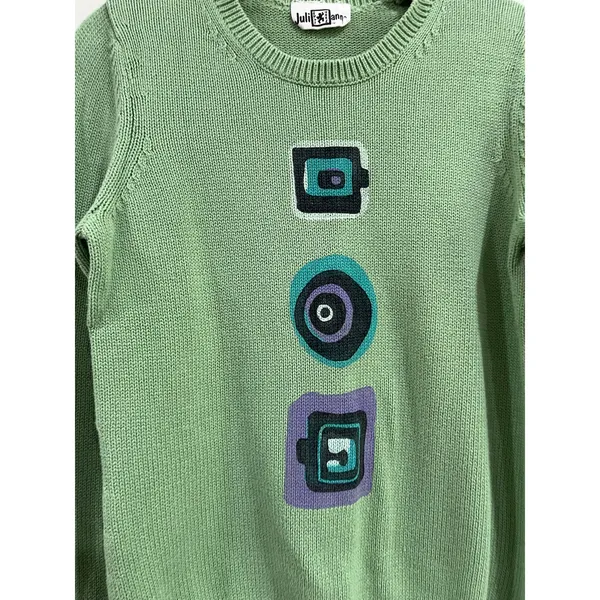 Julianne Vintage Green Art To Wear Sweater Crewneck‎ Graphic Knit Boho Sz M - Image 6