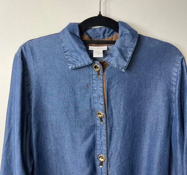 Soft Surroundings Blue Chambray Denim Shirt Blouse Long Sleeve Tunic Top Women’s - Image 2