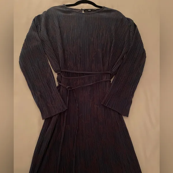 Zara Elegant Blue Patterned Dress Size L - Image 7