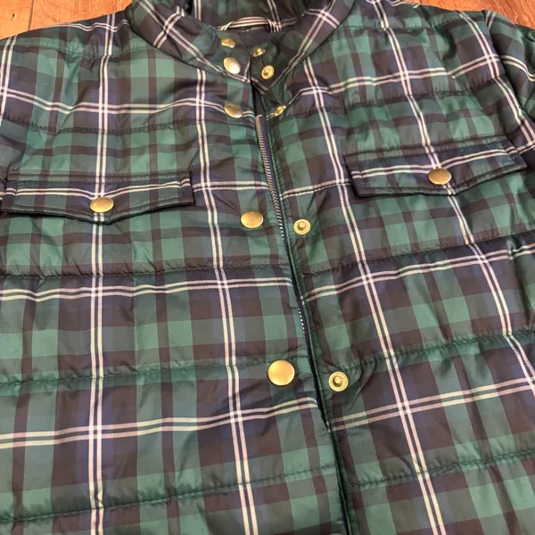 J. Crew Womens Puffer Jacket Size Small Green Tartan Plaid Zip Front (NO BELT) - Image 3