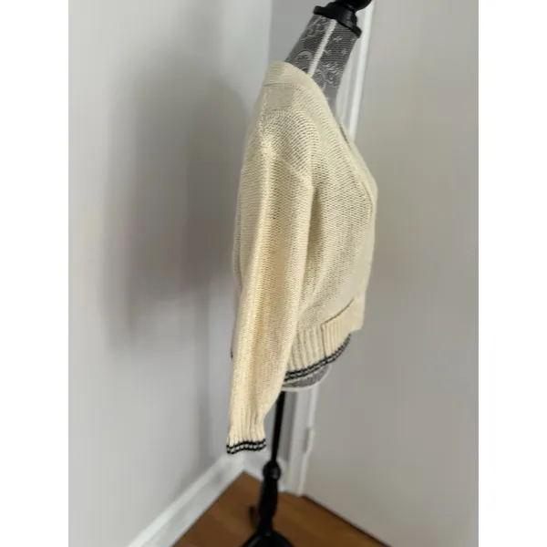 Vintage 80s Scenario Sz: L cream V-neck button-front knit cardigan Pockets - Image 3