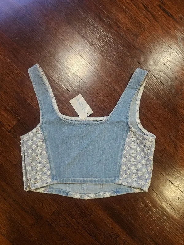 Vanilla Sky Light Blue Floral Patchwork Cropped Tank - Image 5