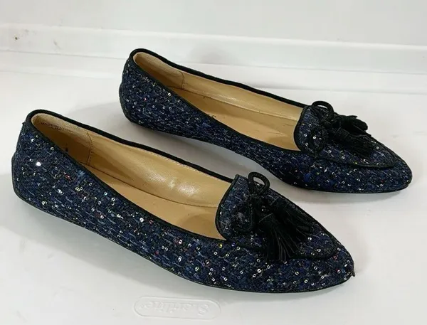 Talbots Francesca Tie Tassel Driving Moccasins in navy sequin tweed size 5.5 - Image 2