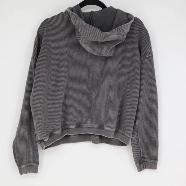 Aerie Women's Ribbed Cropped Hoodie Charcoal Gray Size Small Oversized Casual - Image 7
