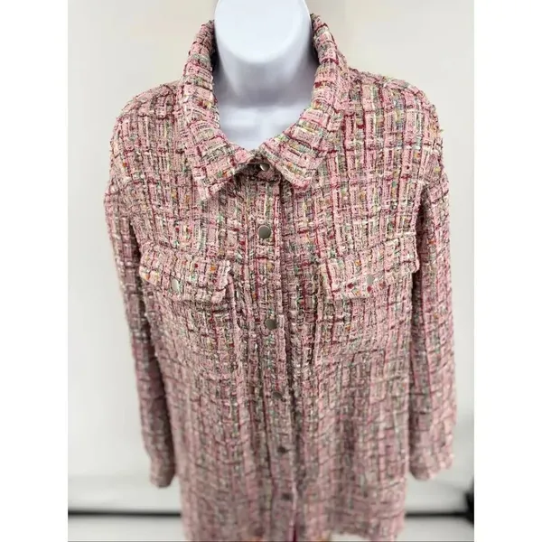 Avec Les Filles Pink Tweed Jacket Long Sleeve Button Front Womens Size L - Image 5