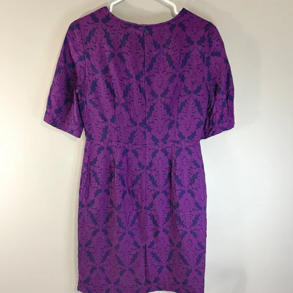 Banana Republic Purple Damask Silk Blend Sheath Dress Short‎ Puff Sleeve Size 4 - Image 3