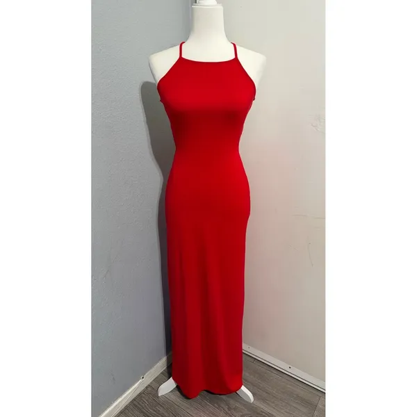 Red High Neck Maxi Dress S Halter Open Back‎ Lace Up Strappy Bodycon Formal Gown - Image 3