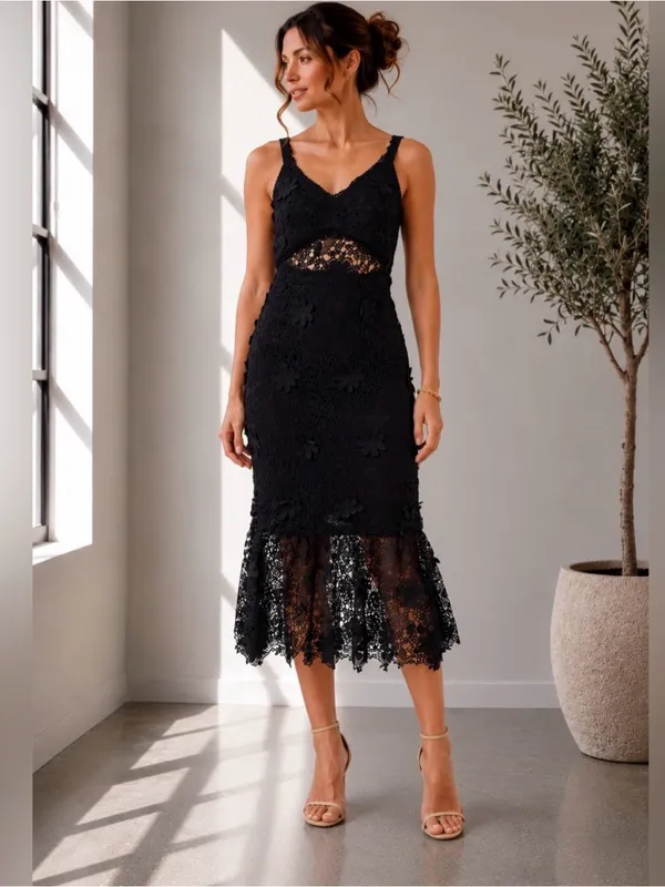 Just Me Women'S Sleeveless V-Neck Floral Crochet Bodycon Maxi Dress - Image 2