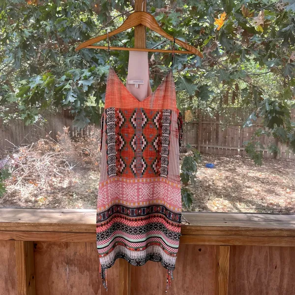 Lavender Brown Orange Aztec Print Fringe Mini Dress Size XS - Image 3