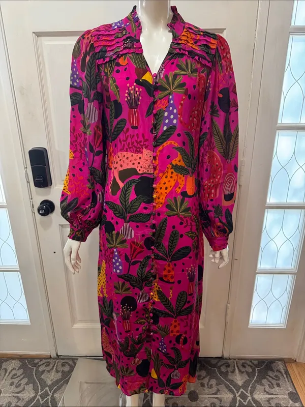 Farm Rio Jungle Print Maxi Dress Womens Pink Leopard Monkey Long Sleeve Sz S - Image 3