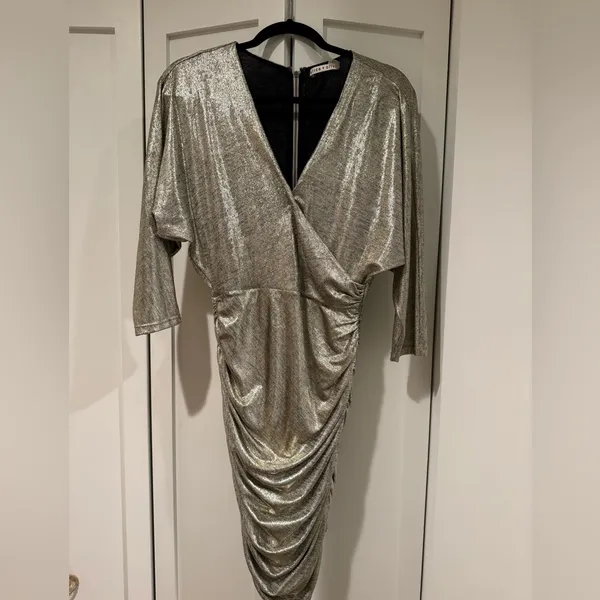 Alice + Olivia Shiny Silver Wrap Dress - Image 4