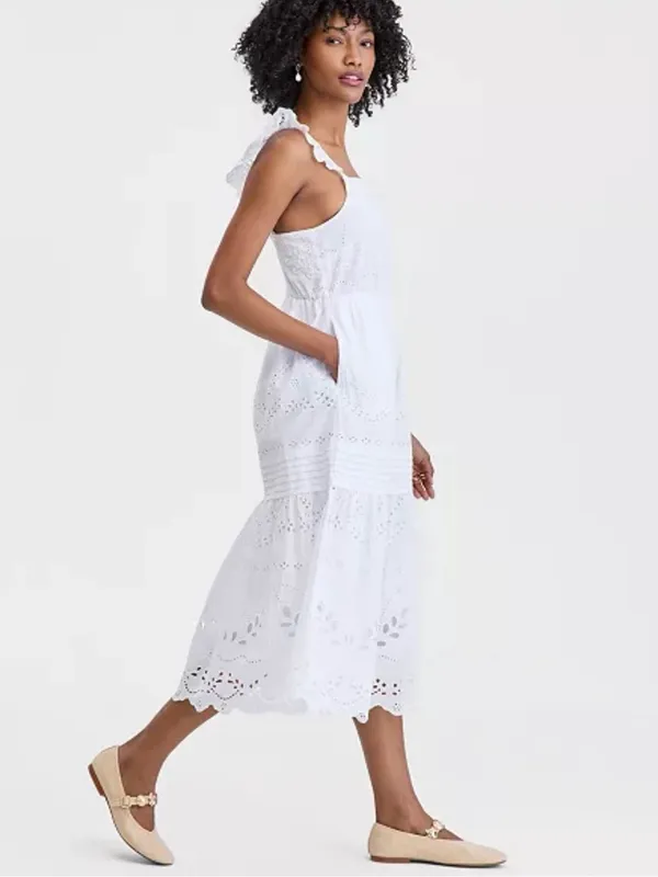 On 34th White Cotton Poplin Eyelet Pintucked Midi Dress Size Small - Image 4
