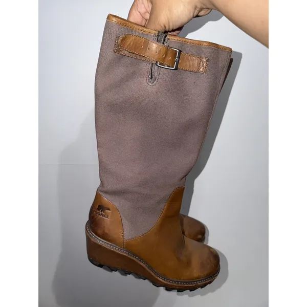 Women's 9.5 Sorel Cool Canvas Boots Brown Leather Knee High Wedge Side Zip Tall‎ - Image 7