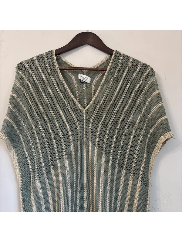 Floris Made in Italy Open Knit Striped Metallic Cover Up Midi Dress Green S/M - Image 2