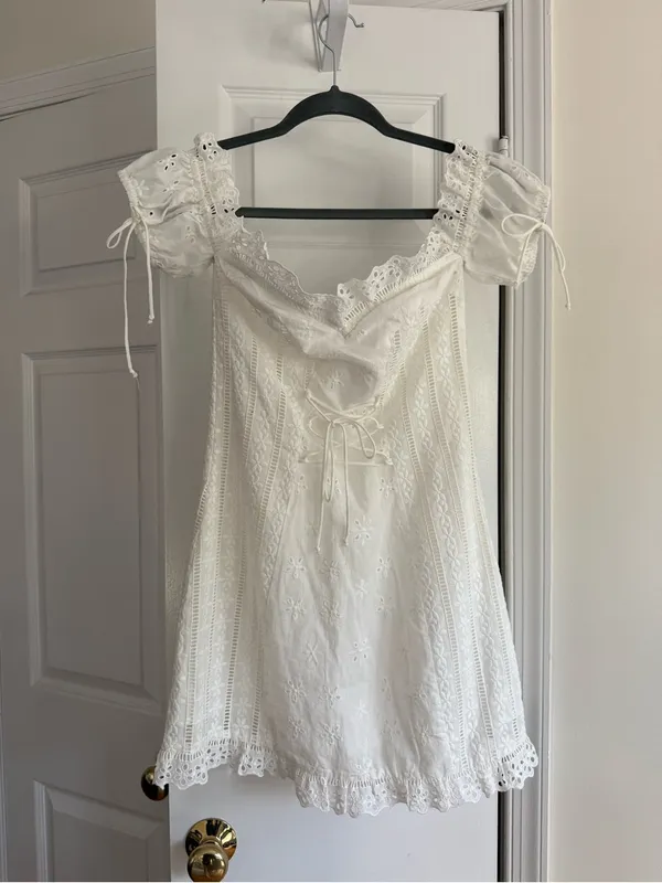 For Love & Lemons Anabelle White Eyelet Lace Up Puff Sleeve Mini Dress Size M - Image 6