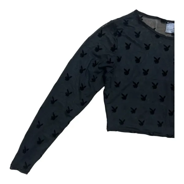 Play Boy Women Crop Top Size L/XL Black Lace Sheer Long-Sleeve Scoop-Neck Blouse - Image 3