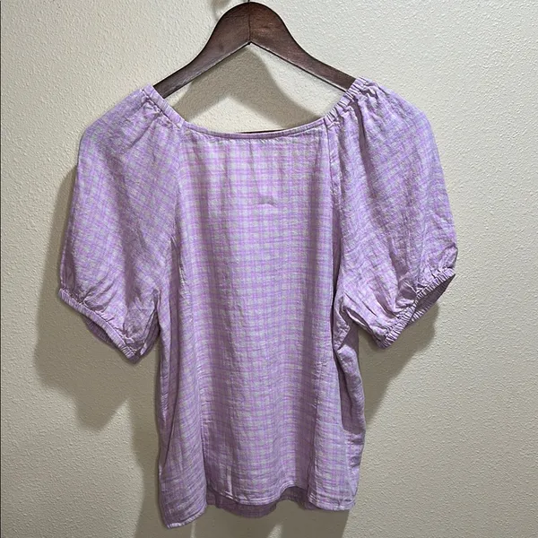 NWT Madewell small Linen-Blend Puff-Sleeve Button-Wrap Top in Plaid - Image 4