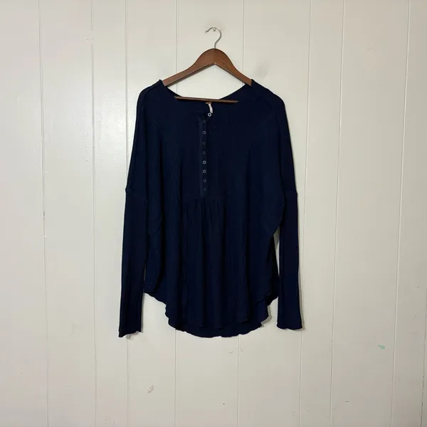 Free People Leo Henley Long Sleeve Top Blue Waffle Knit Oversized Boho Size S - Image 4
