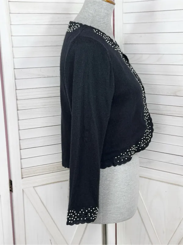 Vintage Lilly Pulitzer Embroidered Pearl Bead Crop Cardigan Sweater Black Medium - Image 4
