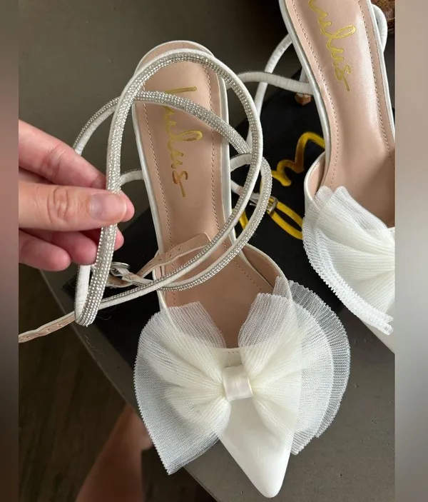 Lulus Lelanee White Satin Rhinestone Bow Ankle Strap Pumps - Image 10