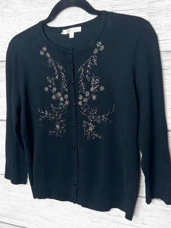 Spense Black Cardigan with Metallic Beaded Floral Embellishment Size Medium - Image 2
