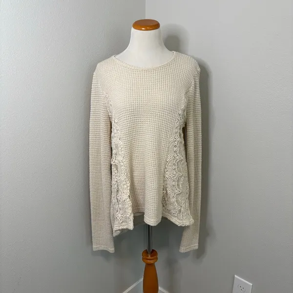 ANDTHEWHY Womens Cream Waffle Knit Lace Panel Long‎ Sleeve Top Small - Image 2