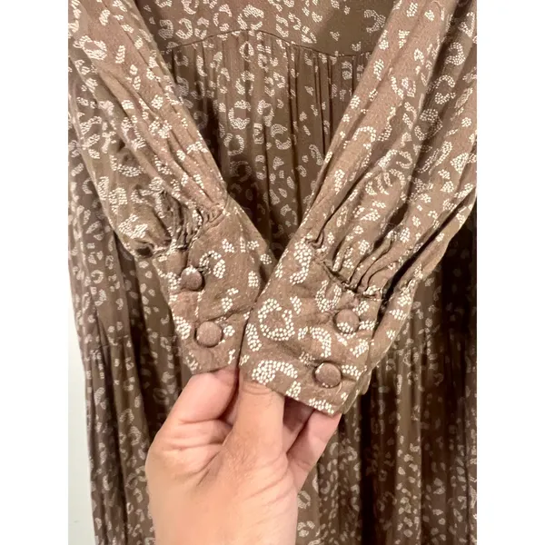 Woman’s Boho Cottagecore Brown Animal Print Long Sleeve Tiered Midi Dress XS - Image 6