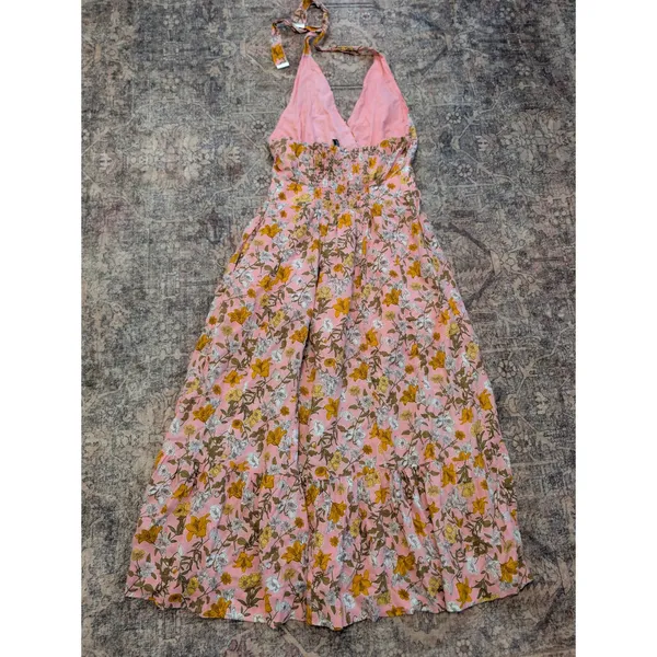 GB Made & Crafted Pink Floral Halter Maxi Dress Smocked Back Tiered Sun Dress - Image 5
