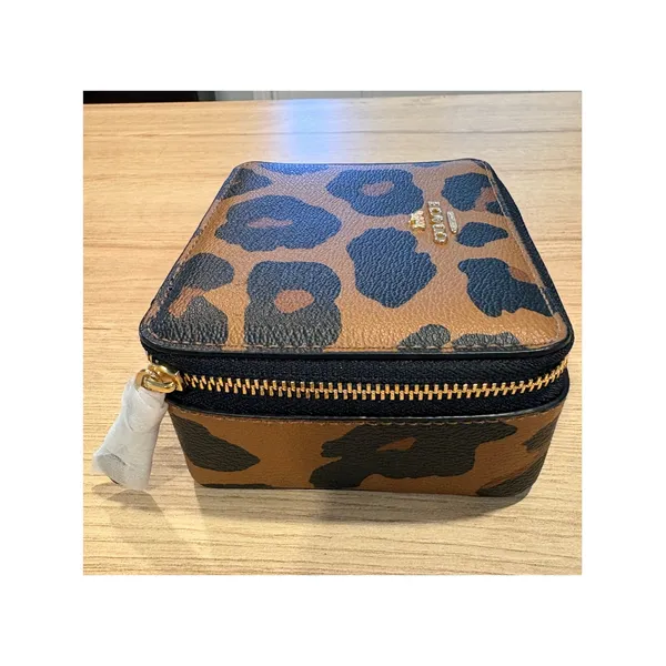 Coach Leopard Print Crossgrain Leather Travel Jewelry Box Case Mirror Gold Tone - Image 3