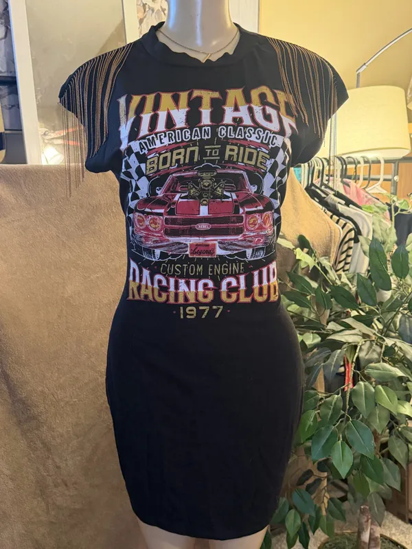 Vintage Racing Club Graphic T-Shirt Dress Fringed Shoulder Size L - Image 10