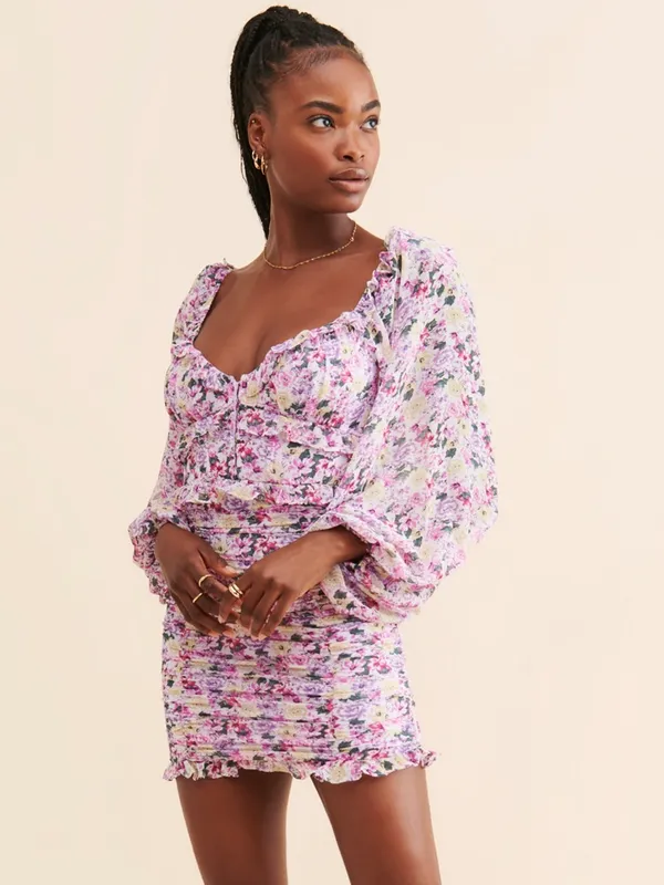 ASTR The Label Floral Ruched Puff Sleeve Mini Dress Purple Sz L Fairy Whimsical - Image 3