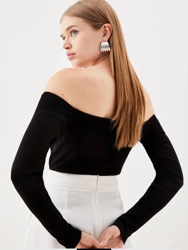 Karen Millen Body Contouring Black Long Sleeve Bardot Knit Thong Bodysuit XS - Image 2