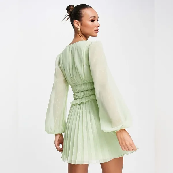 ASOS Sage Green Dobby Pleated Mini Dress Fairycore Forest Pixie Vibe NWT Size 4 - Image 2
