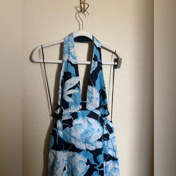 Reiss Kaia Linen Halter Neck Midi Dress‎ Size 6 Black Blue Keyhole Vacation - Image 3