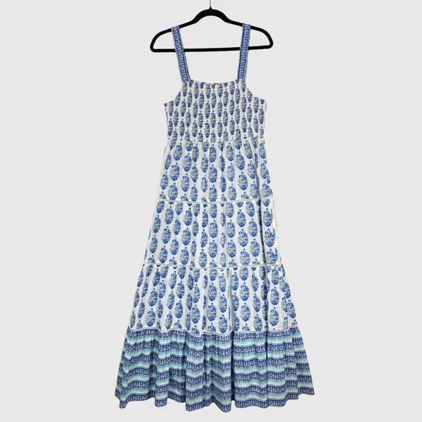 Playa Lucila Maxi Dress Blue Smock Border Tiered Sleeveless Sundress Boho Large - Image 3