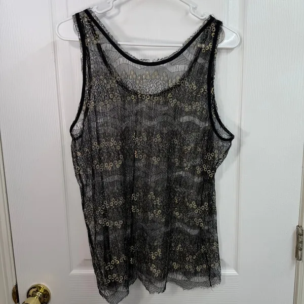 Women's‎ black gold metallic lace crocheted sheer layer tank top swim cover up L - Image 5