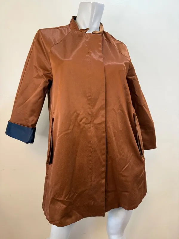 Korean 80s Vintage Copper Satin Trench Coat Dos de Darin Medium - Image 3