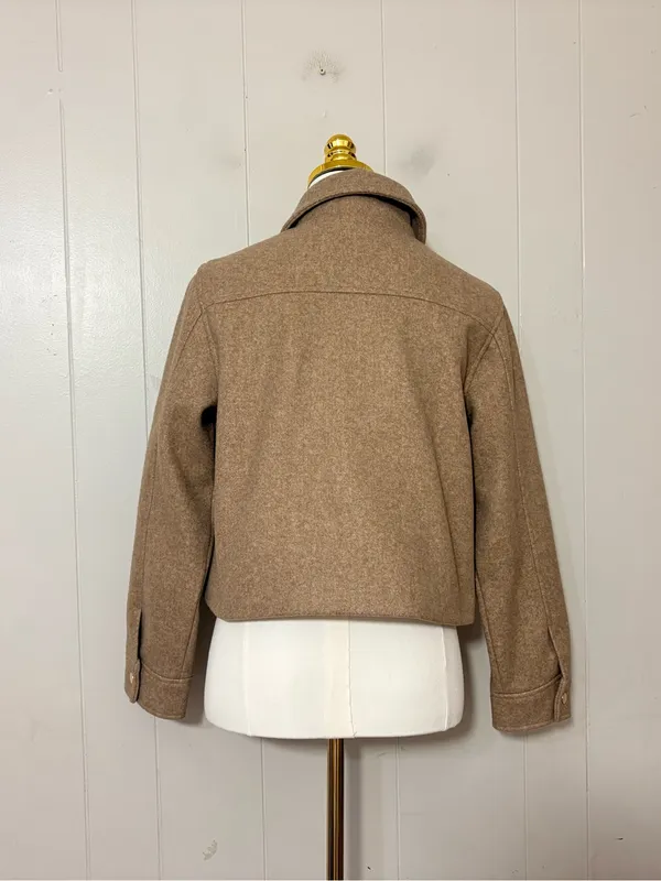 Zara Cropped Wool Look Utility Jacket Beige Camel Button Front Size Small - Image 3